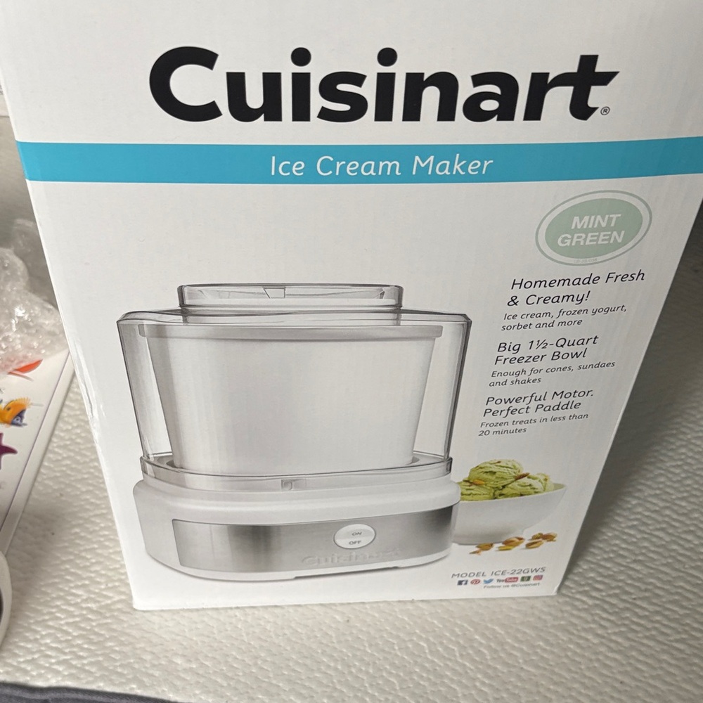 Cuisinart Mint Green Ice Cream Maker with White and Silver Accents